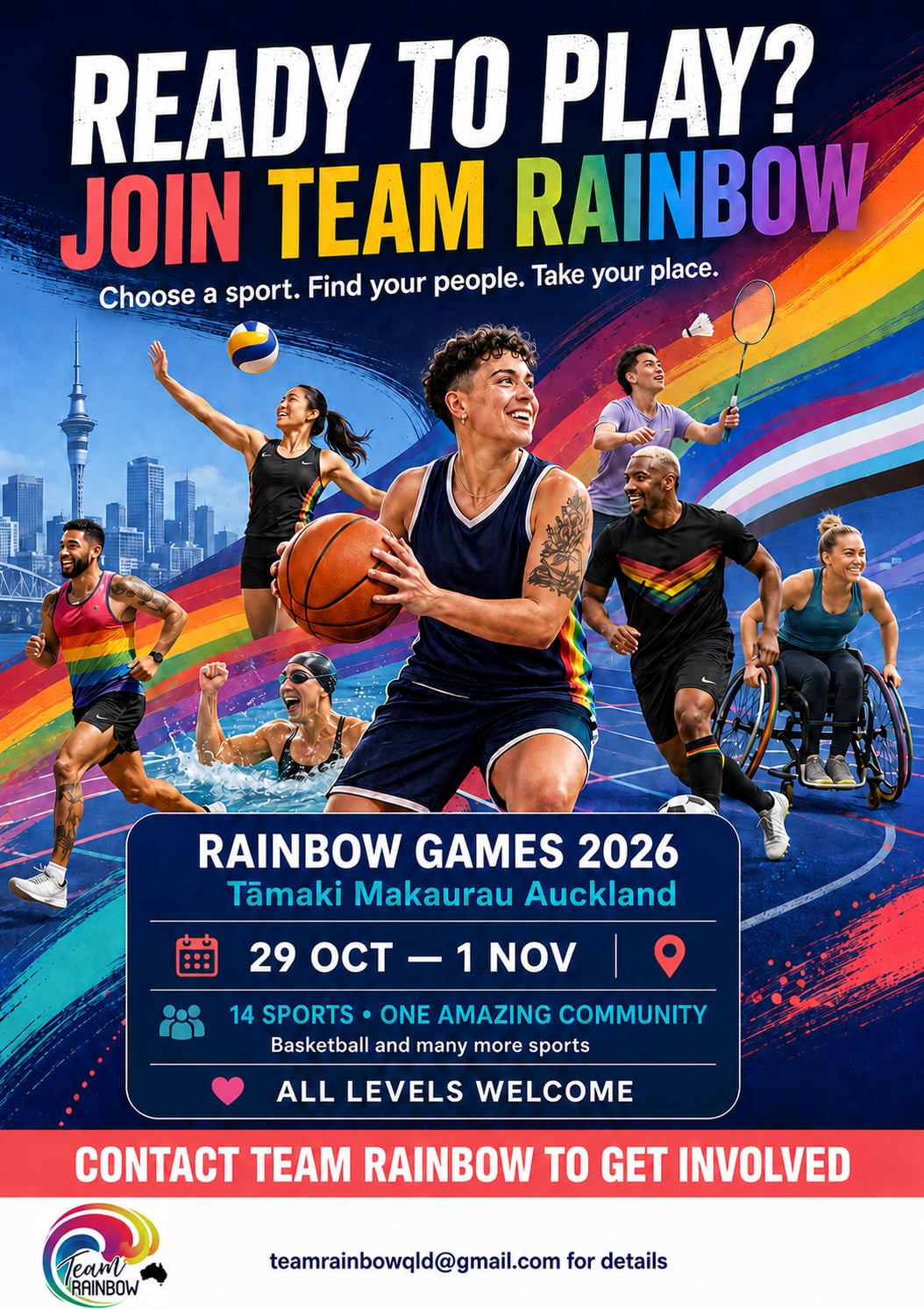 Rainbow Games 2026 recruitment poster with sports and event dates.